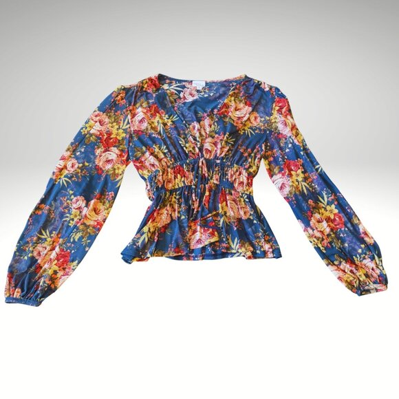 Madison & Berkeley Navy Floral Mesh V-Neck Blouse Lightweight Boho Top - Picture 1 of 3